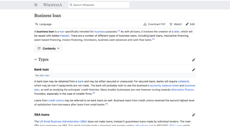 Wikipedia Business Loan Screenshot